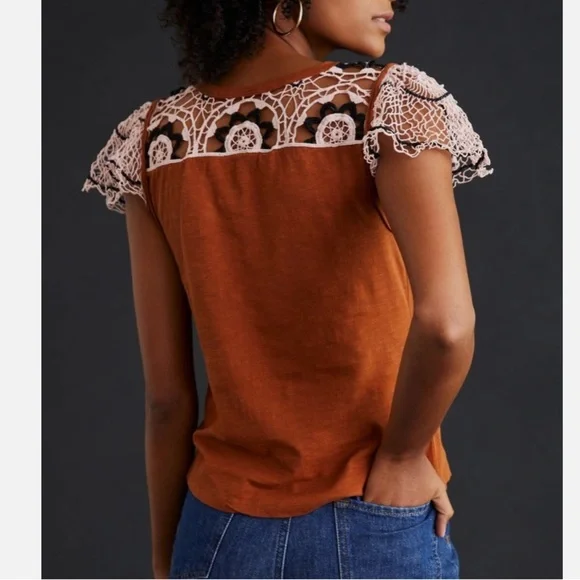 Anthropologie Rust Brown Crochet Embroidered Blouse - Picture 8 of 8